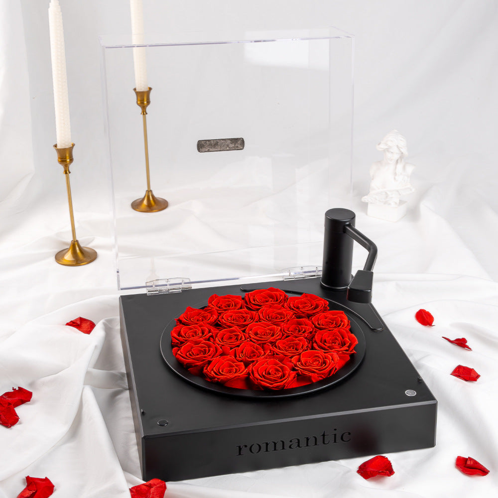 Roséphon Eternal Bloom Music Box featuring red roses and a romantic elegant design.